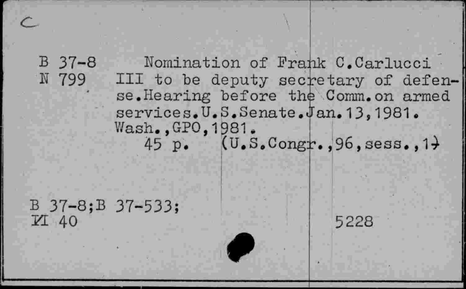 ﻿B 37-8
N 799
Nomination of Frank C.Carlucci III to be deputy secretary of defense.Hearing before the Comm.on armed services.U.S.Senate.Jan.13,1981. Wash.,GPO, 1981.
45 P» (U.S.Congf.,96,sess. , 14
B 37-8;B 37-533;
KE 40
5228